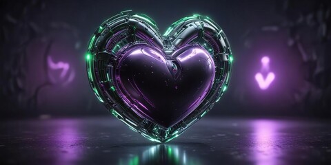 Cybernetic heart with bright purple and green LED lights pulsing within its metallic surface, pulse, neon