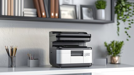 A modern printer on a desk in a stylish office setting.