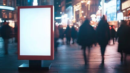 Obraz premium Contemporary Nighttime Cityscape with Prominent Billboards and Motion Blur of People : Generative AI