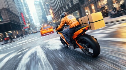 Obraz premium A motorcycle courier navigating a busy city street with packages.