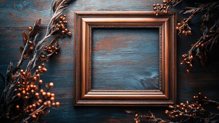 A decorative empty frame surrounded by twigs and berries on a textured blue wooden background.