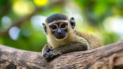 Obraz premium Young monkey resting on a tree branch in a vibrant green tropical forest : Generative AI