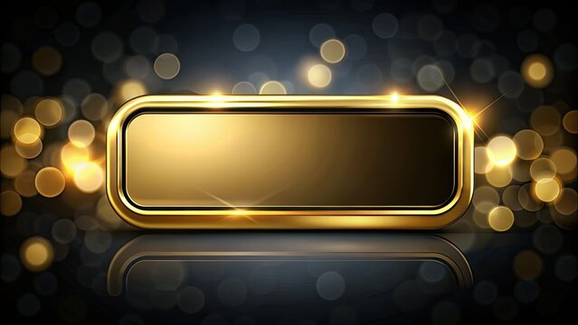 Elegant 3D Gold Rectangle Button with Frame, Glossy Emblem Design, Minimalist Style, Black Background, Shiny Gradient Effect, Golden Badge or Medal Illustration for Modern Aesthetic