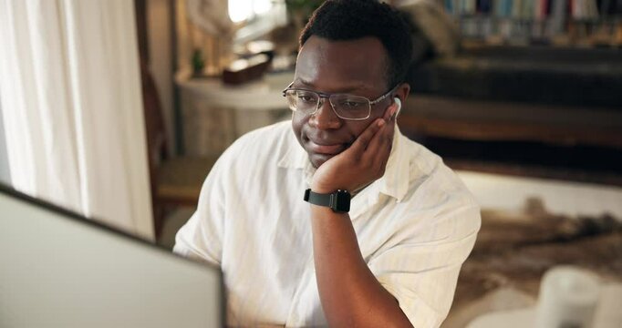 Black man, computer and tired in home for remote work, article research and bored with news. Journalist, glasses and burnout at technology for creative writing, editing and reading story with fatigue