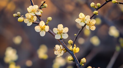 Delicate yellow blossoms on a branch captured during the golden hour for a serene scene : Generative AI