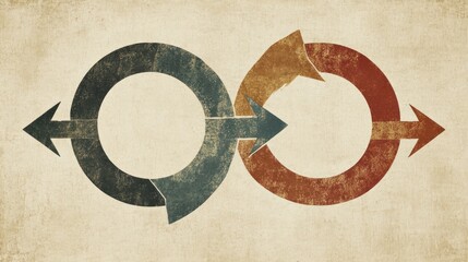 Two interlocking circles with arrows, symbolizing connection and continuity.