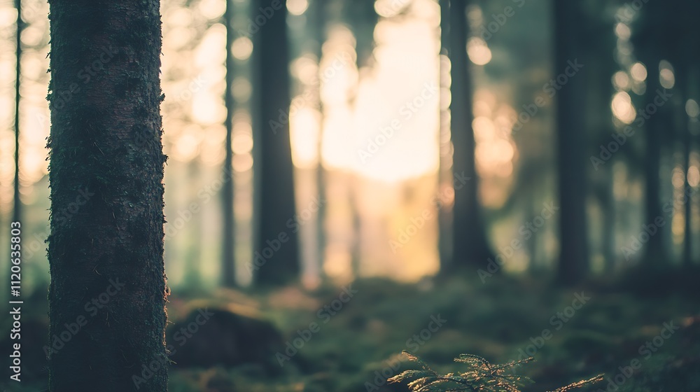 Poster Foggy Enchanted Forest at Dawn with Soft Sunlight Filtering through Trees : Generative AI