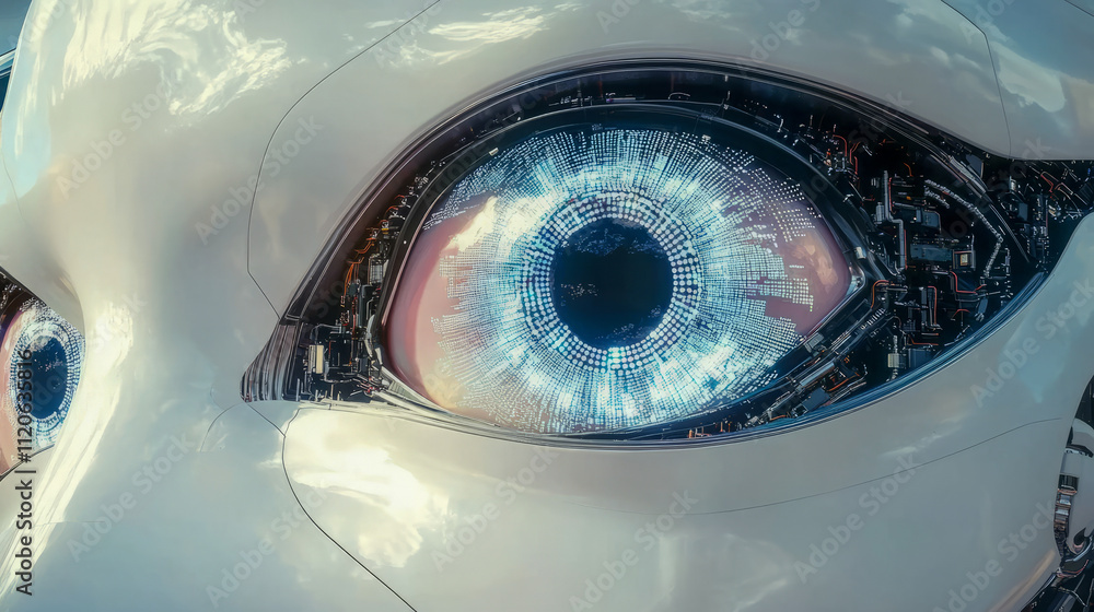 Poster futuristic cybernetic eye close-up with high-tech details and digital patterns