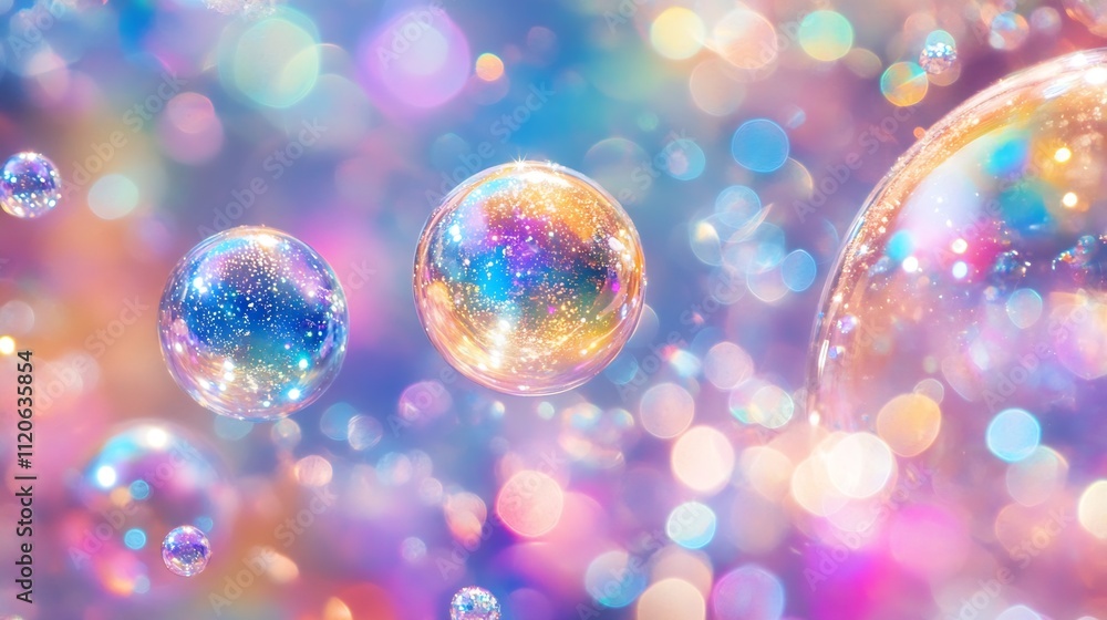 Aufkleber colorful iridescent bubbles floating in dreamy bokeh background : generative ai
