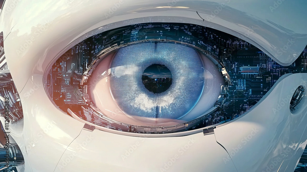 Poster futuristic robotic eye with circuitry and intricate details in close-up view