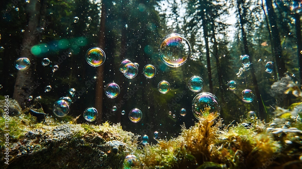 Poster Surreal Image of Vibrant Bubbles Floating in a Forest Setting : Generative AI