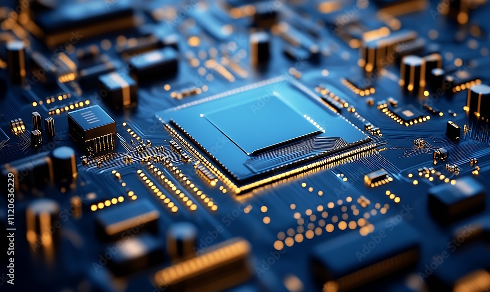 Poster Blue Circuit Board with Microchip and Glowing Connectors in HighTech Environment : Generative AI
