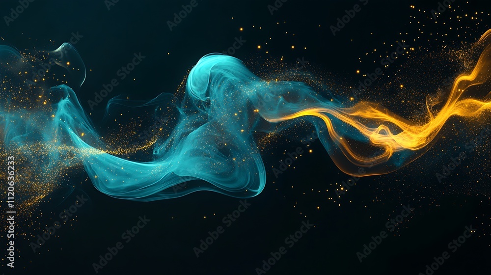 Poster abstract composition of blue and orange wisps swirling against a dark background representing flow a