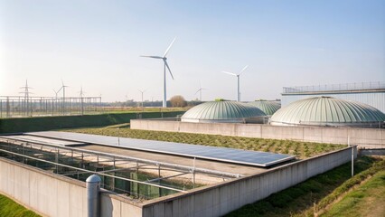 Obraz premium An ecofriendly manufacturing site with wind turbines in the background equipped with tingedge technology for harvesting and treating wastewater.