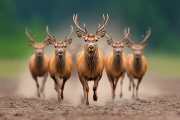 Obraz premium A dynamic image of a herd of deer running through an open meadow, with dust rising behind them