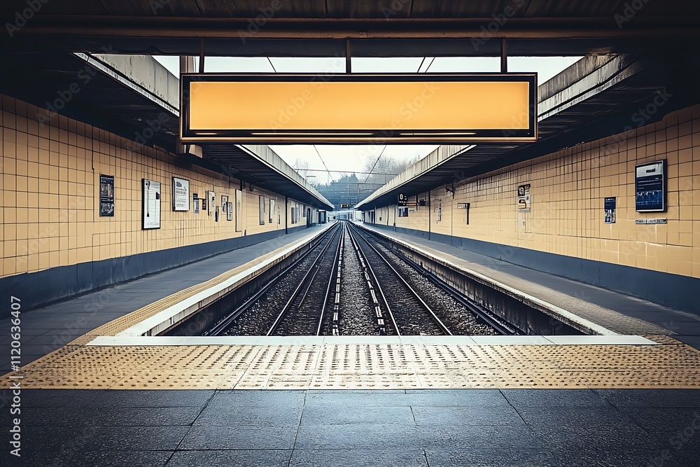 Poster Symmetrical View of Urban Train Station Platform with Railway Tracks : Generative AI