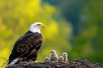 Fototapeta premium A dynamic shot of a circle of life in nature: an eagle feeding its chicks, with a vibrant forest backdrop