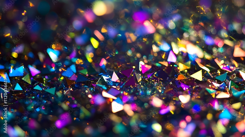 Poster colorful prism triangles creating a festive geometric glitter pattern : generative ai