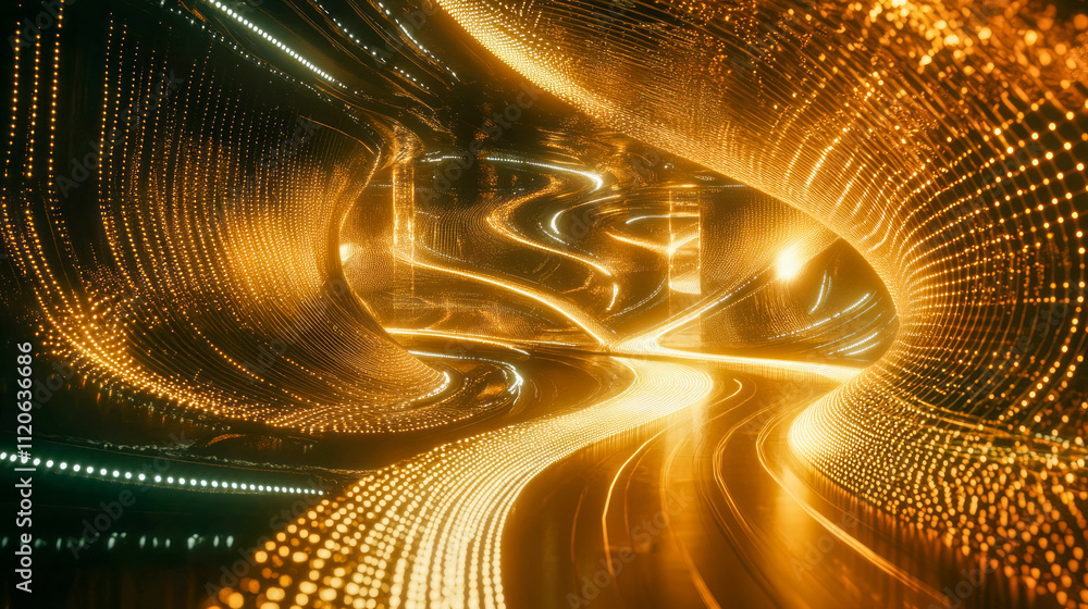 Poster futuristic glowing tunnel with golden illuminated curves and dynamic light trails