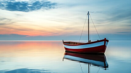Naklejka premium Scenic Sunset Reflections on Calm Ocean with Solitary Boat Balanced in Serene Tranquility : Generative AI