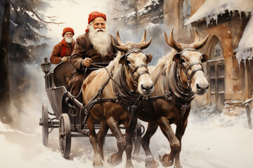 winter scene with two santa claus riding in a carriage drawn by two horses. Santas wear warm red hats and brown clothes, and their long white beards give them a classic look. 