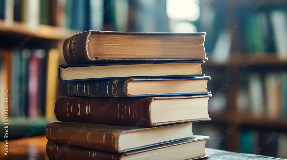 Poster Assorted Stack of Hardback Books in Bright and Spacious Library : Generative AI