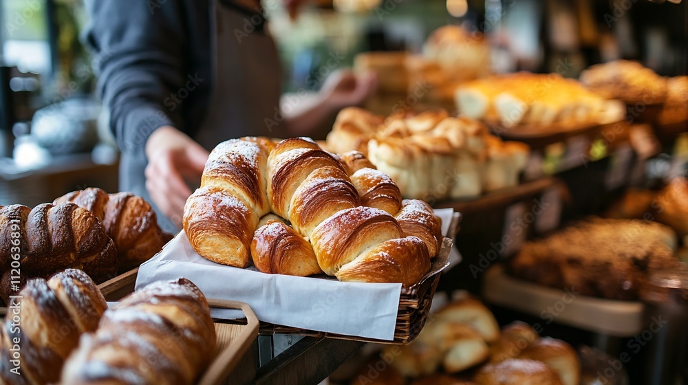 Poster freshly baked croissants on display in a rustic artisan bakery : generative ai