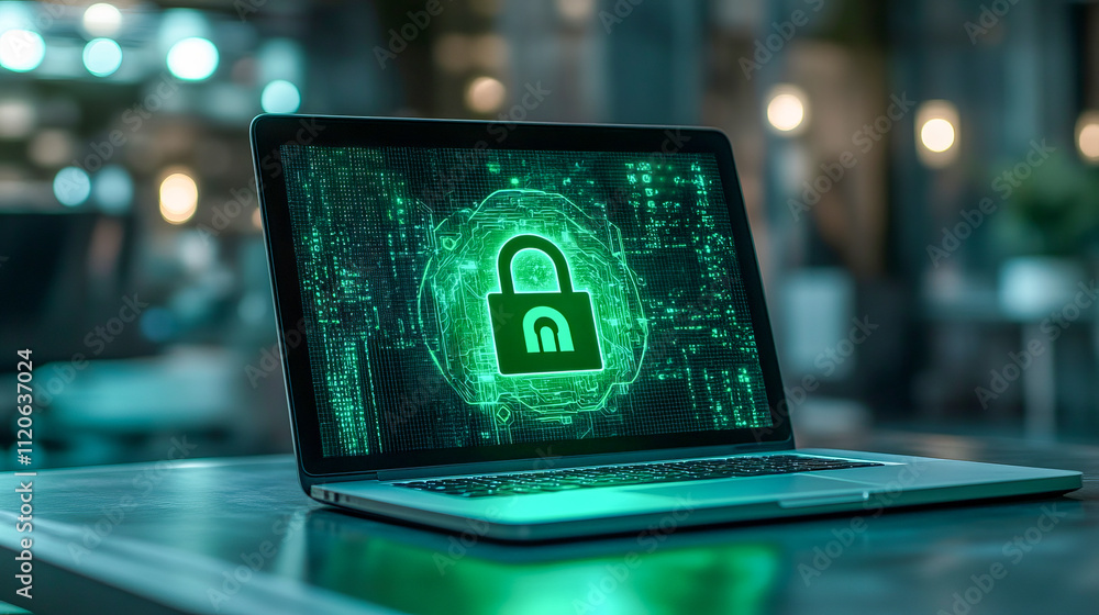 Poster secure laptop with digital lock symbolizing cybersecurity and data protection
