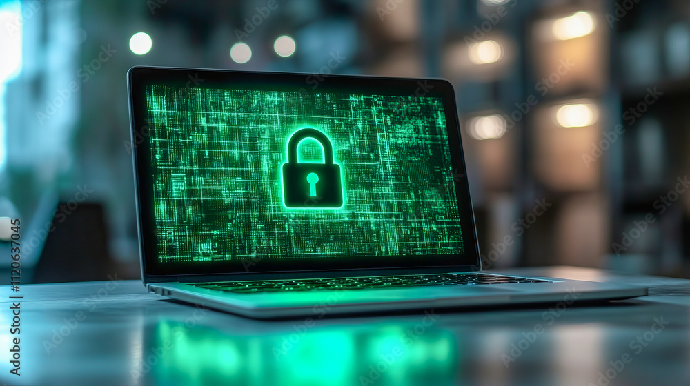 Poster secure digital laptop displaying green lock symbol in cybersecurity environment