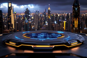 Fototapeta premium A futuristic database hub with holographic displays of data clusters floating above sleek glass panels