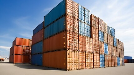 Colorful Shipping Containers Stacked in a Busy Industrial Port Setting : Generative AI