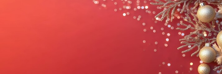 A vibrant red background showcases a beautifully decorated Christmas tree adorned with shimmering gold ornaments.