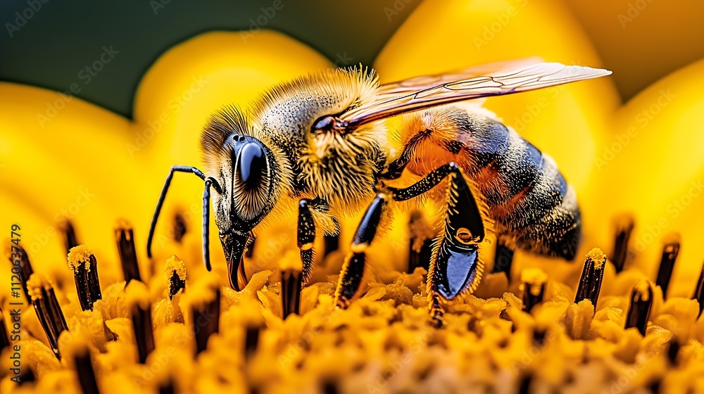Poster vibrant macro of honeybee collecting nectar on bright yellow sunflower : generative ai