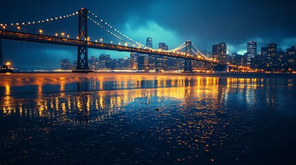 Dramatic Night View of Illuminated Suspension Bridge Over Reflective Rainy Cityscape : Generative AI