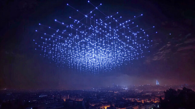 Aerial light show with drones creating geometric patterns in night sky