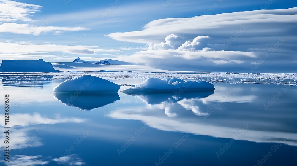 Poster serene reflection of snowcovered arctic icebergs on glassy water with clear skies and clouds : gener