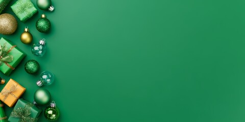 A vibrant green backdrop adorned with colorful Christmas ornaments and beautifully wrapped gifts, capturing the festive spirit of the holiday season.