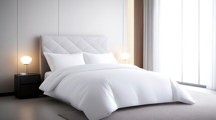 Modern bedroom with a white comforter and soft lighting.