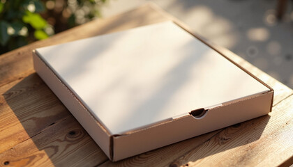 Pizza Box Mockup on wooden table in sunlight
