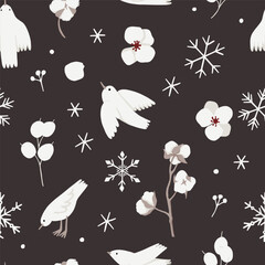 Christmas seamless pattern, white birds, pine twigs, cones, mistletoe, snowflakes, black night background. Vector illustration. Nature design. Season greeting. Winter holidays