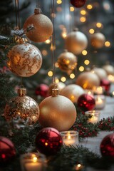 Fototapeta premium A festive Christmas tree adorned with colorful ornaments and glowing candles creates a warm and joyful holiday atmosphere.
