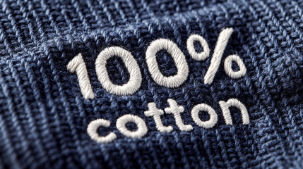 Close-up of 100% cotton fabric with white embroidered text on blue knit background