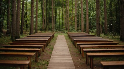Fototapeta premium Wedding planning ceremony theme. Wooden benches lined up in a serene forest setting.