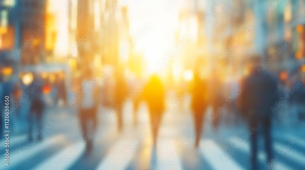 Poster abstract urban scene with blurred pedestrians crossing the street at sunset creating a dynamic vibra