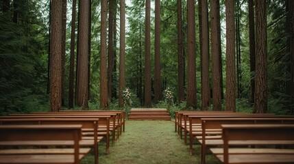 Obraz premium Wedding planning ceremony theme. Serene outdoor wedding venue surrounded by towering trees.