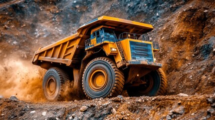 Obraz premium Powerful Mining Dump Truck Ascending a Steep Hill in a Quarry