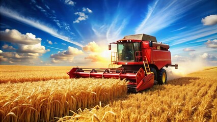 Fototapeta premium A dynamic red combine harvester in action, expertly harvesting golden wheat across an expansive field, highlighted in a captivating urban exploration photography style.