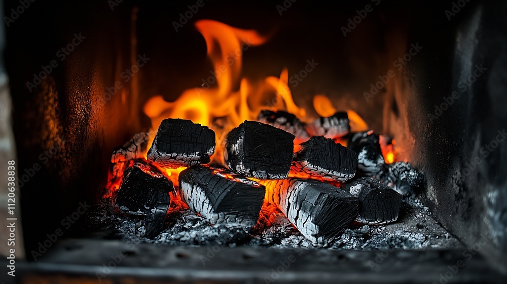 Poster crackling flames ignite charcoal in rustic home fireplace : generative ai