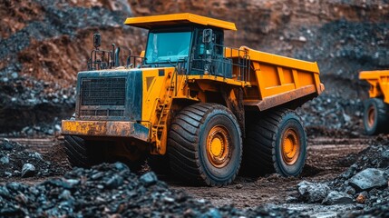 Heavy-Duty Dump Trucks in Industrial Mining Landscape with Rugged Terrain