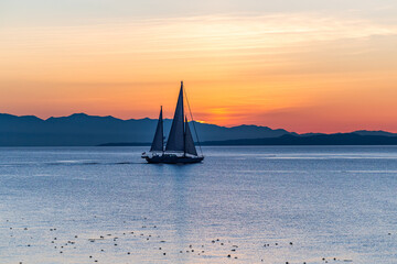 Peaceful Sailboat at Sunset in Victoria, Vancouver Island, BC, Canada
